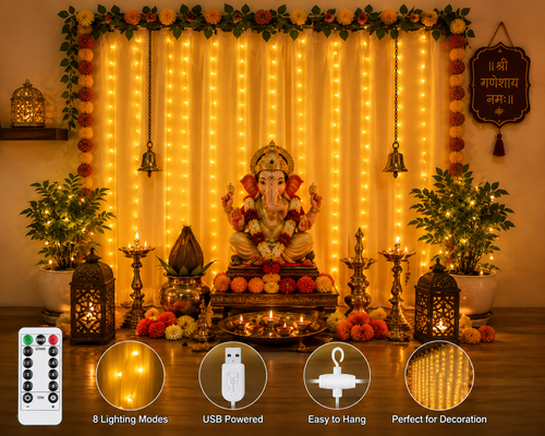 Window Curtain String Light 300 LED 8 Lighting Modes Fairy Lights Remote Control USB Powered Waterproof lights for home decoration light Ganesh Chaturthi Diwali Valentines Bedroom Party Wedding Diwali (Warm White)