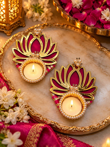 Lotus Tea Light Holder – Pack of 2 | Pink & Gold