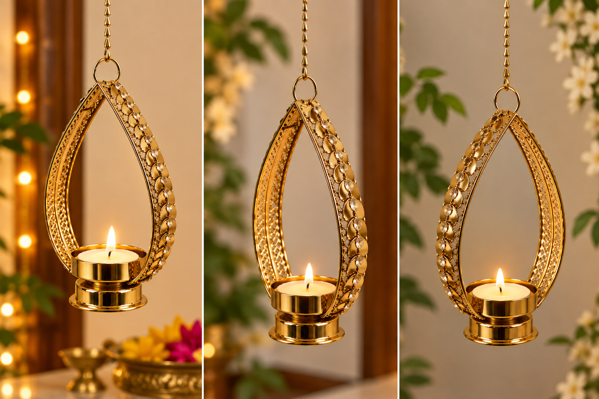 Golden tea light holder glowing for Diwali
