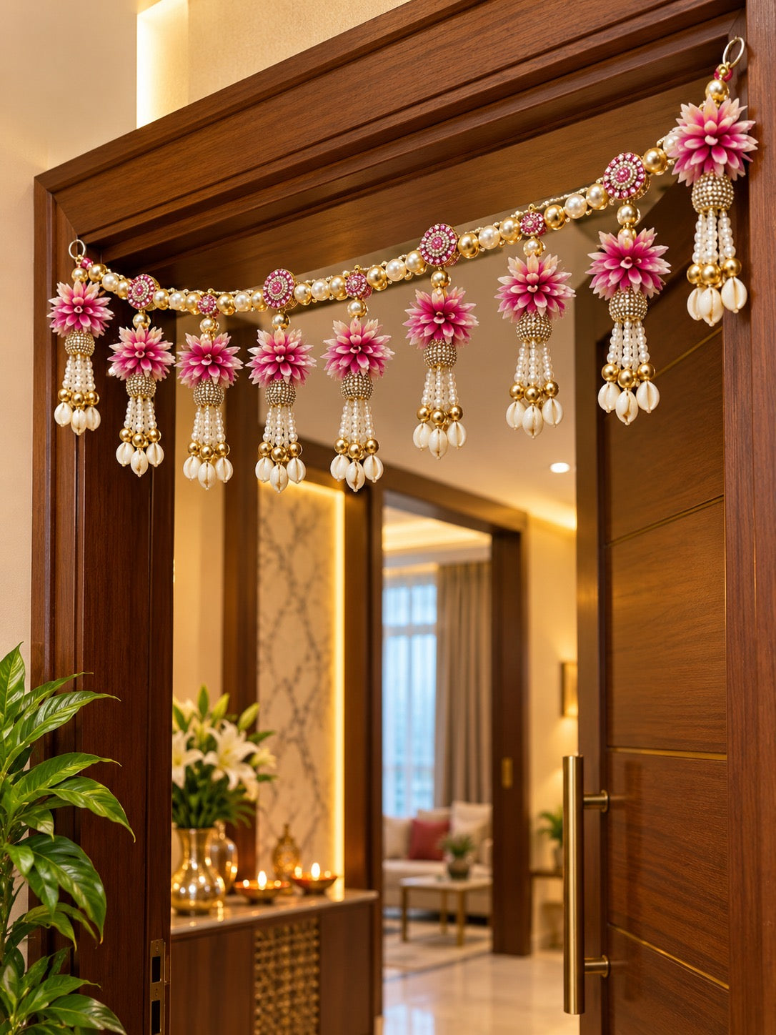 Pink flower toran hanging on door