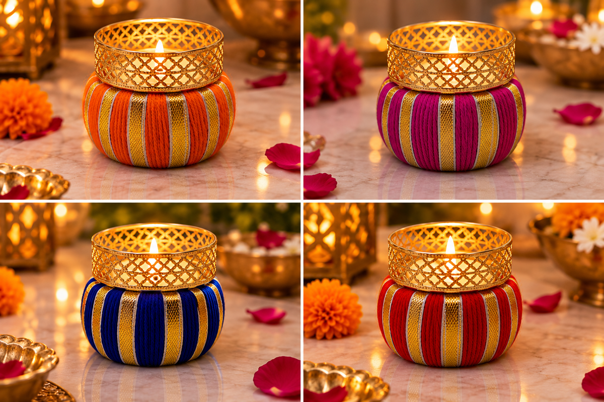 Handmade drum tea light holder with gold-finish top