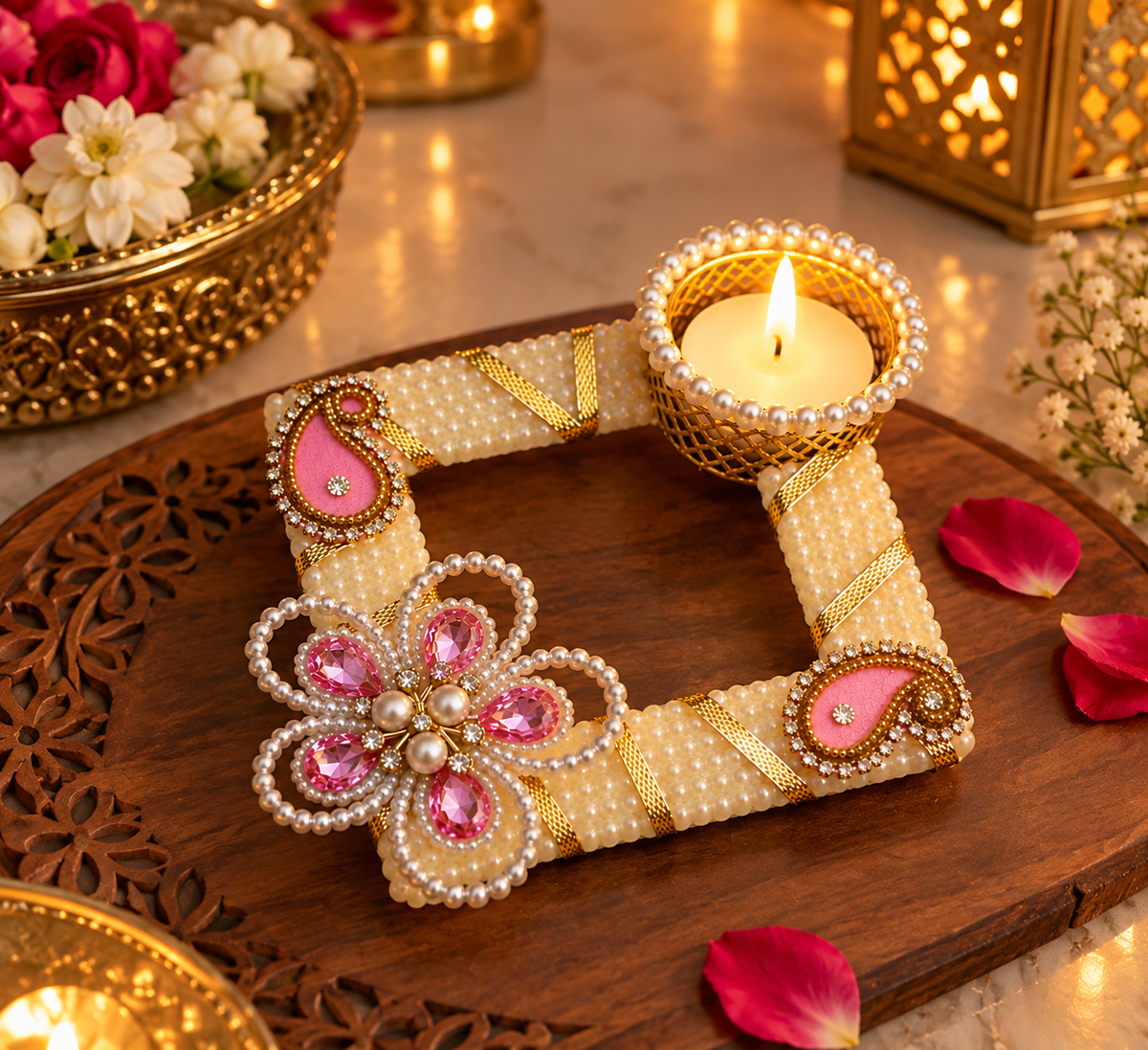 Pearl and pink stone diya holder with tea light lit