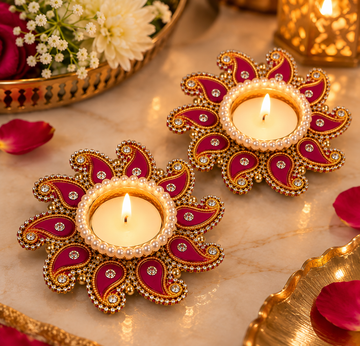 Decorative Paisley Tea Light Holders – Pack of 2 | Pink & Gold