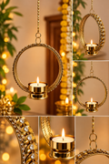 Embellished golden hanging tea light holder close-up