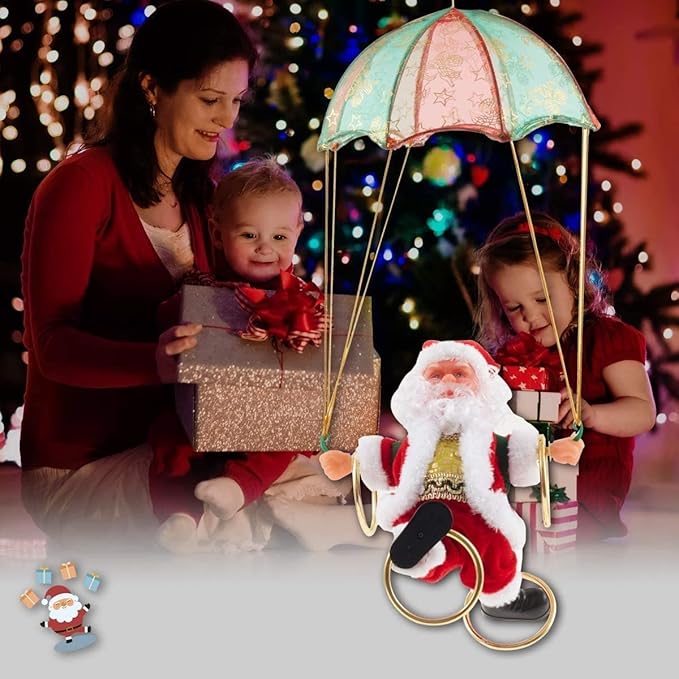 Flying Parachute Santa Claus with Music & LED Lights | Animated Hanging Christmas Decoration | Battery Operated Swinging Santa Toy