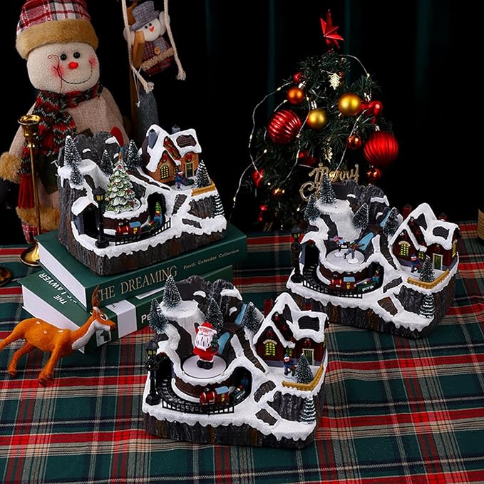 Rotating Christmas Village Music Box With Rotating Train