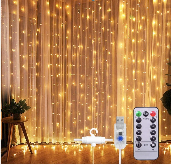Window Curtain String Light 300 LED 8 Lighting Modes Fairy Lights Remote Control USB Powered Waterproof lights for home decoration light Diwali Valentines Bedroom Party Wedding Diwali (Warm White)