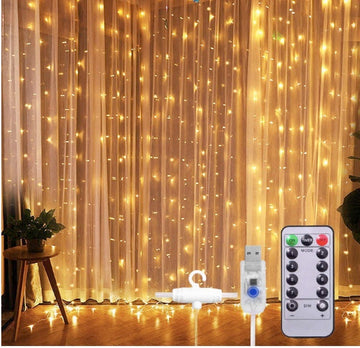Window Curtain String Light 300 LED 8 Lighting Modes Fairy Lights Remote Control USB Powered Waterproof lights for home decoration light Diwali Valentines Bedroom Party Wedding Diwali (Warm White)
