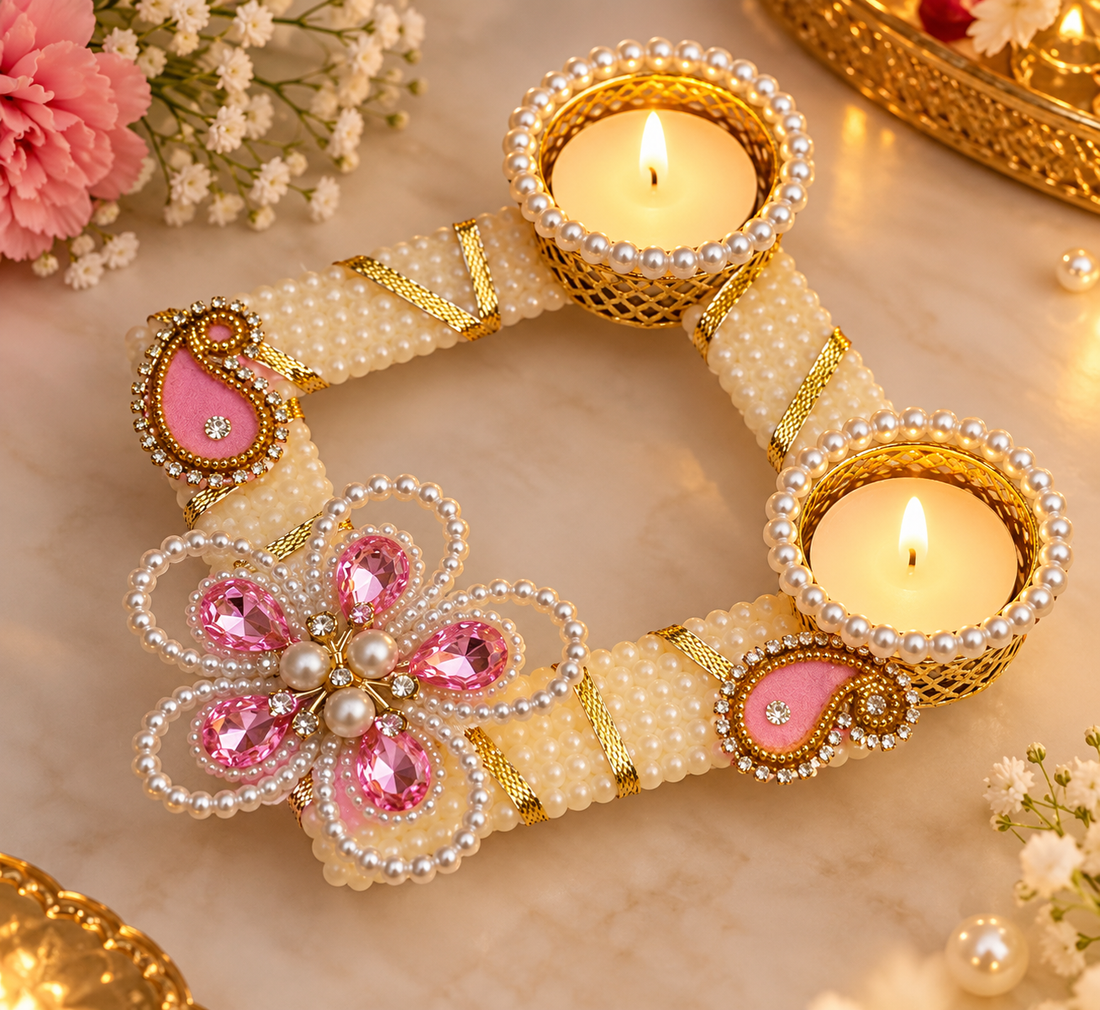 Pearl and pink stone designer diya tea light holder