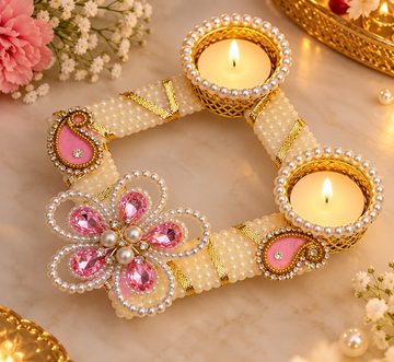 Pearl and pink stone designer diya tea light holder