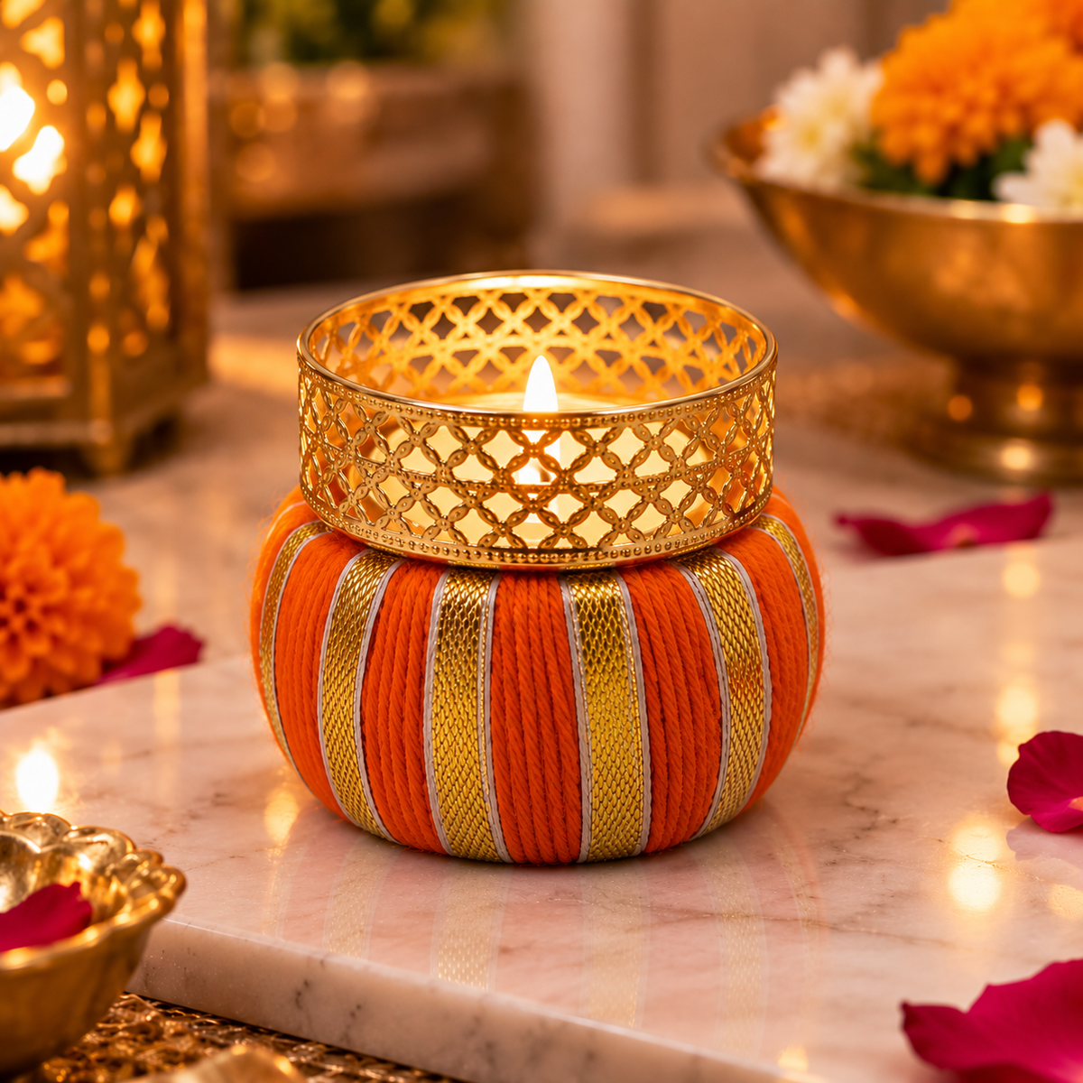 Colorful fabric tea light holders glowing for Diwali