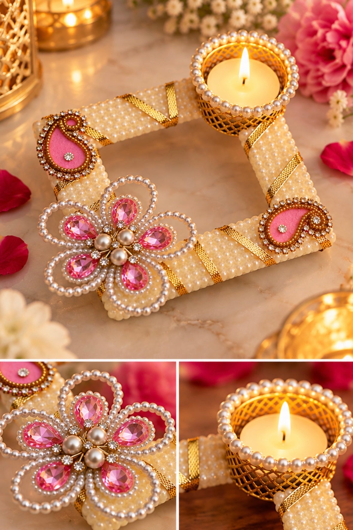 Pink stone tea light holder pack of 2 close-up