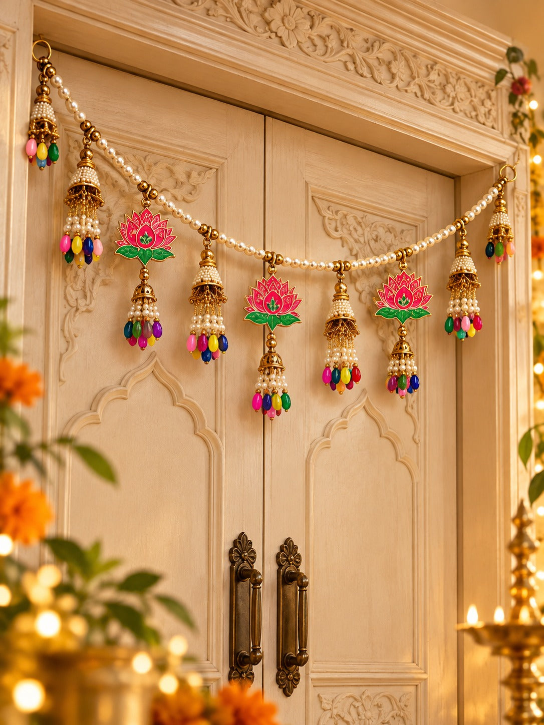 Lotus pearl door bandhanwar with bells and colorful beads