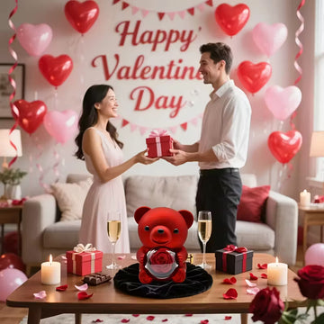Valentine's Teddy Bear Jewelery Box with Heart Necklace & Rose| Romantic Gift Set