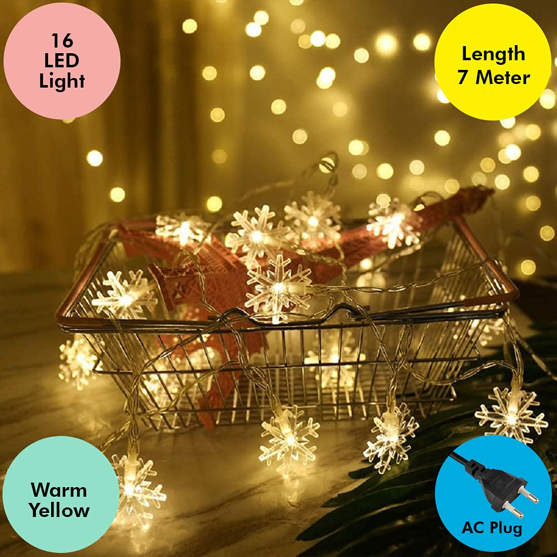 Christmas Lights 14 LEDs Snowflake Fairy String Light (Warm White, AC Plug ) for Indoor & Outdoor Usage | Xmas | New Years | Party | Decoration - The Gears