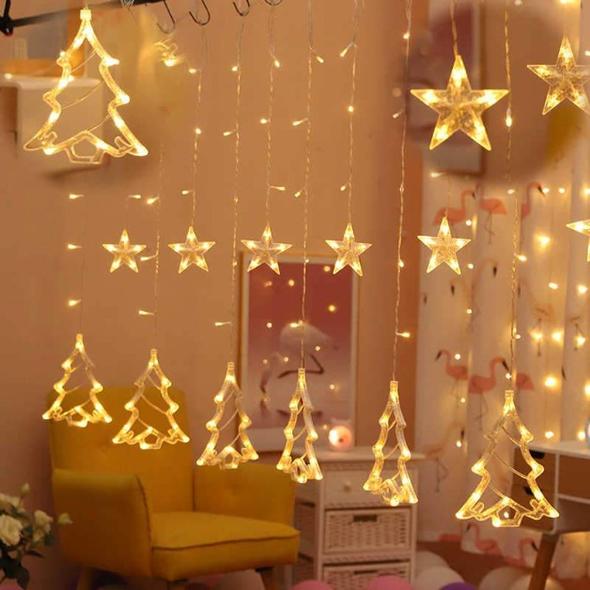 Christmas Tree Curtain Lights | Warm White LED - 3Mtr | 6 STARS + 6 CHRISTMAS TREE - The Gears