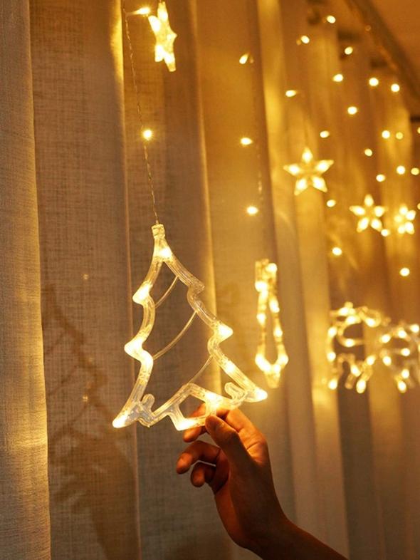 Christmas Tree Curtain Lights | Warm White LED - 3Mtr | 6 STARS + 6 CHRISTMAS TREE - The Gears