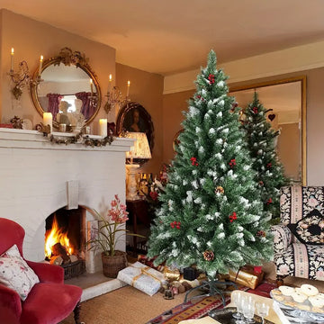 Snow Flocked Christmas Tree with Pine Cones & Red Berries (4–8ft)