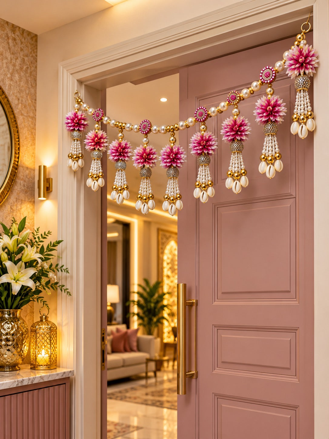 Premium pink flower toran with pearl and gold beads