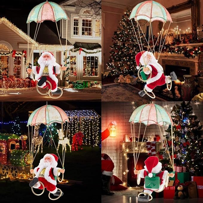 Flying Parachute Santa Claus with Music & LED Lights | Animated Hanging Christmas Decoration | Battery Operated Swinging Santa Toy - The Gears