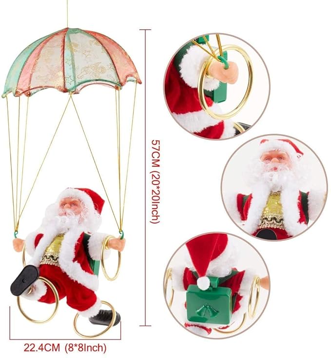 Flying Parachute Santa Claus with Music & LED Lights | Animated Hanging Christmas Decoration | Battery Operated Swinging Santa Toy - The Gears