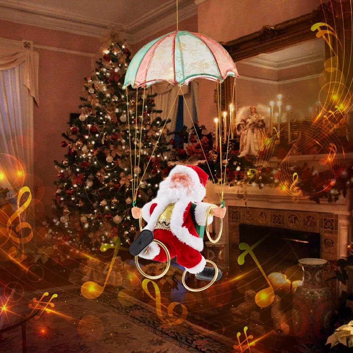 Flying Parachute Santa Claus with Music & LED Lights | Animated Hanging Christmas Decoration | Battery Operated Swinging Santa Toy - The Gears