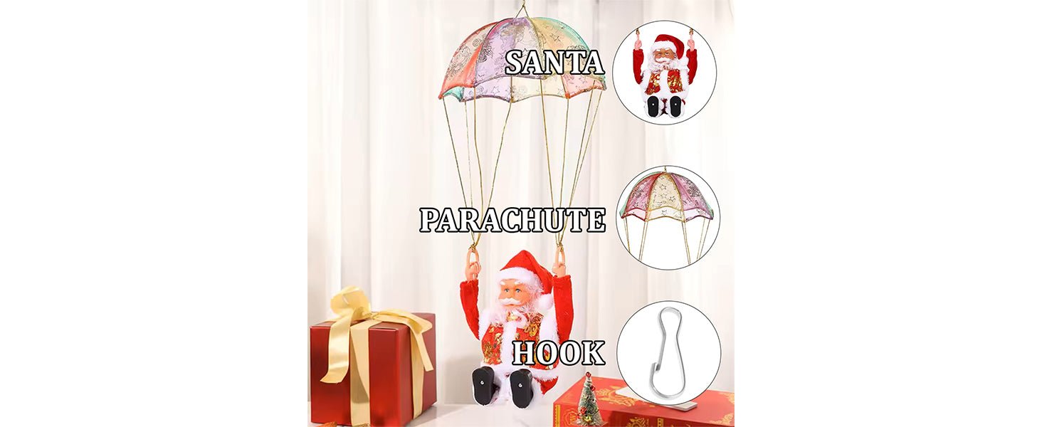 Flying Parachute Santa Claus with Music & LED Lights | Animated Hanging Christmas Decoration | Battery Operated Swinging Santa Toy - The Gears