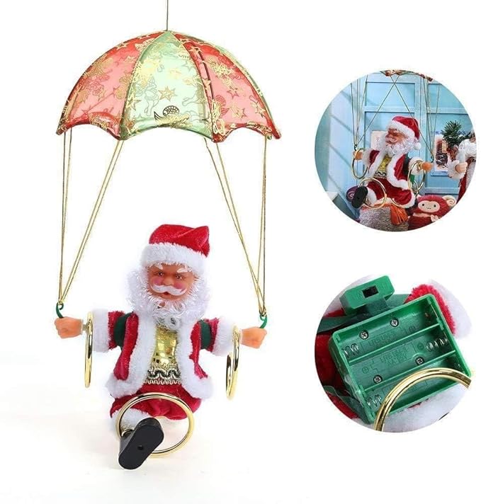 Flying Parachute Santa Claus with Music & LED Lights | Animated Hanging Christmas Decoration | Battery Operated Swinging Santa Toy - The Gears