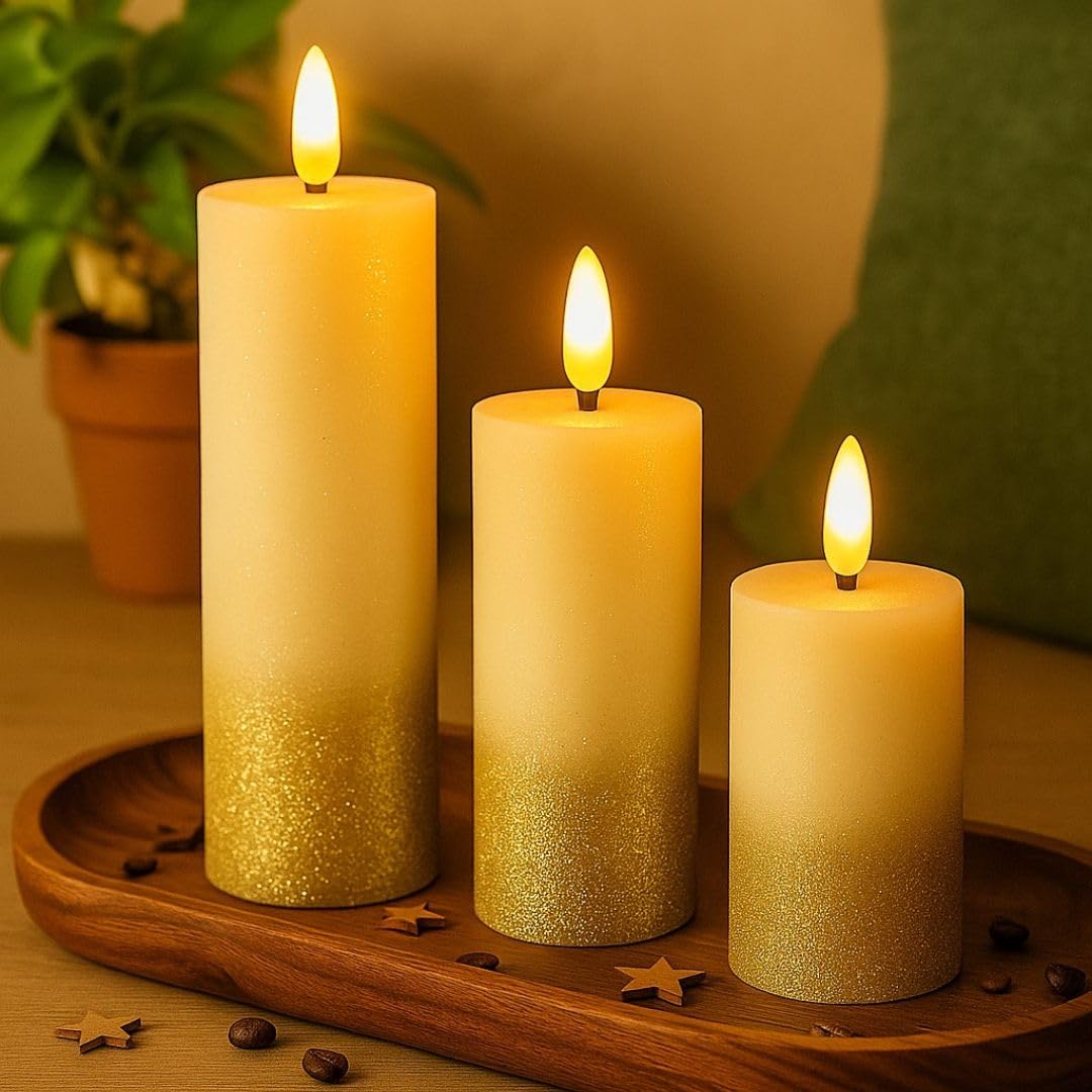 LED Tea Light Candles | Glitter Gold Base Flameless, Smokeless, Unscented | for Gifting, Home Decor, Room Decoration Lights, Balcony & Festival, Diwali, Christmas Decoration Item - The Gears