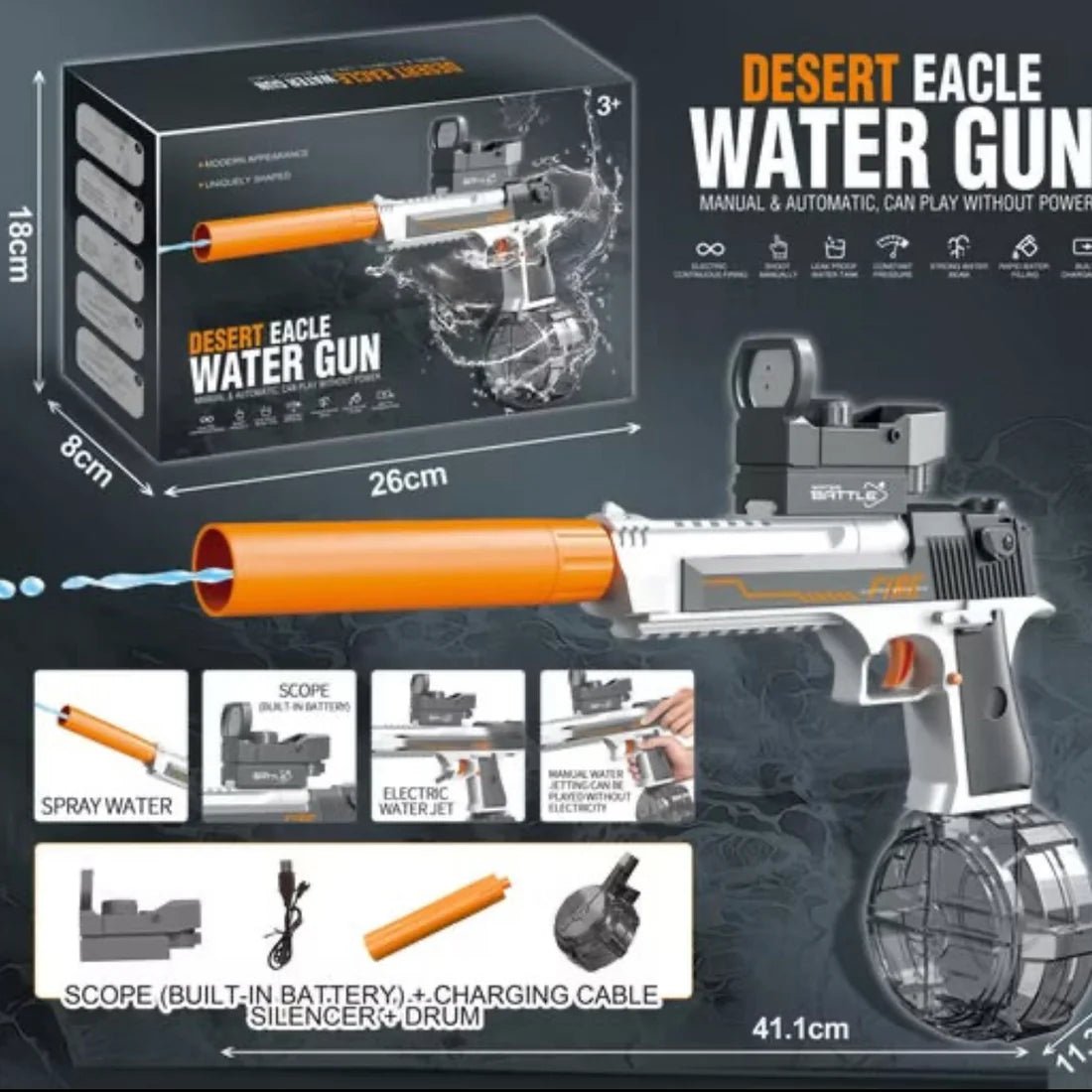 ThunderStrike 32ft Desert Eagle Electric Water Gun | High - Pressure Rechargeable Holi Pichkari - The Gears