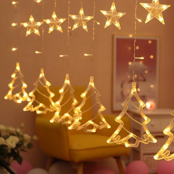 Christmas Tree Curtain Lights | Warm White LED - 3Mtr | 6 STARS + 6 CHRISTMAS TREE - Homely Arts
