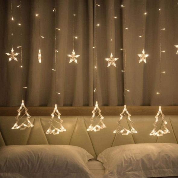 Christmas Tree Curtain Lights | Warm White LED - 3Mtr | 6 STARS + 6 CHRISTMAS TREE - Homely Arts