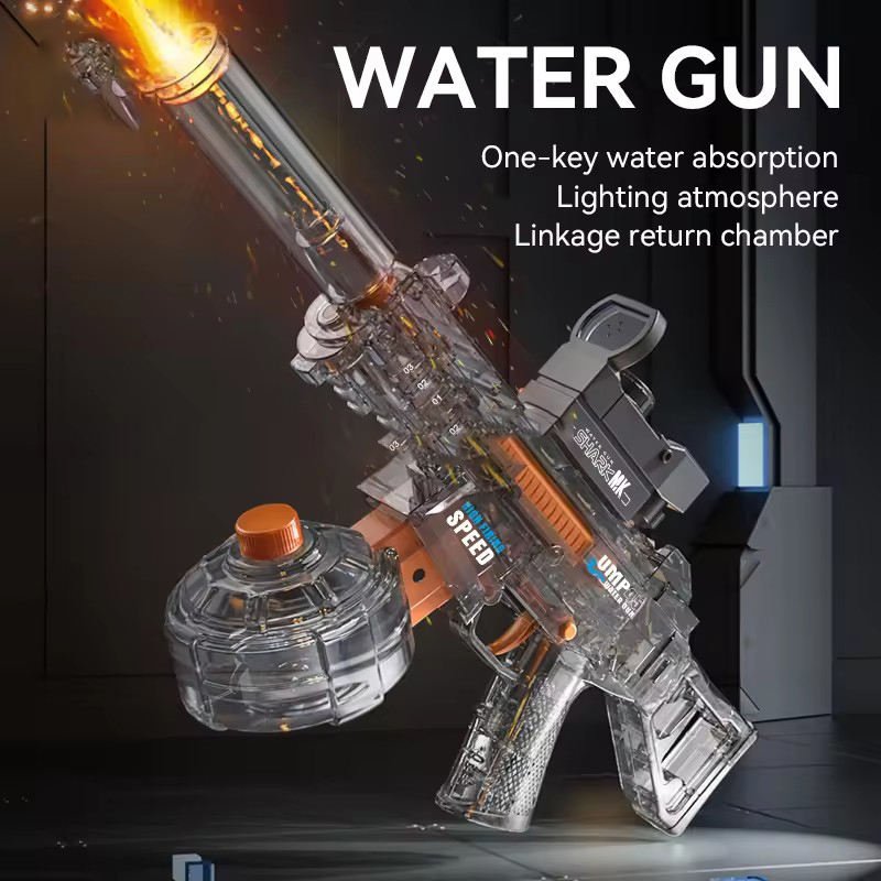 UMP45 Fire Breathing Electric Water Gun | LED Flame Effect + Sound | Rechargeable Holi Pichkari - The Gears