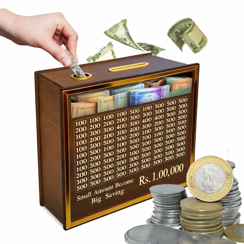 Wooden Money Box with Savings Tracker – ₹1 Lakh Goal Piggy Bank | 100000 Savings Gullak for Kids & Adults - The Gears